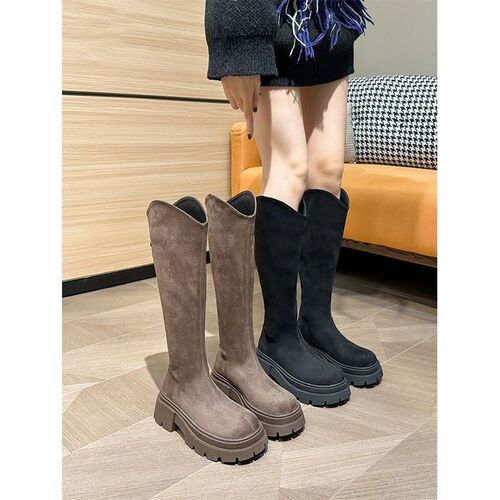 New thick-soled, high-top, wide-leg, figure-flattering, neo-Chinese velvet stretch boots—women’s long equestrian boots.