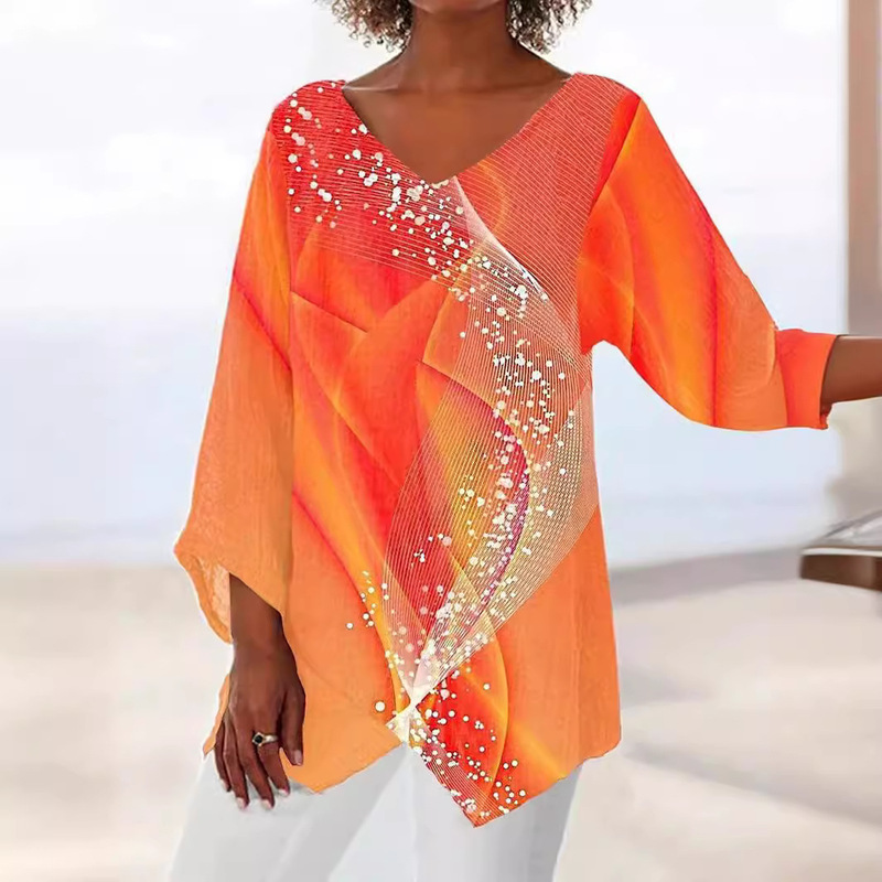 2024 Amazon Cross-Border Spring & Fall New Casual Loose Asymmetrical Printed Long-Sleeved V Neck Top Plus Size Women's Clothing