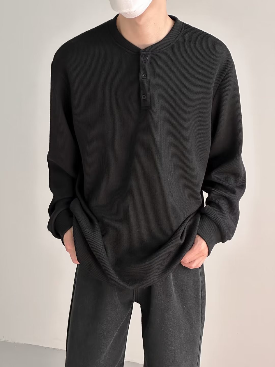 Herrenbekleidung Langarm-T-Shirt, Waffelstrick-Henley-Langarm-T-Shirt für Herren - Strukturierter, lässiger Arbeitspullover mit Knopfleiste_voghion.com