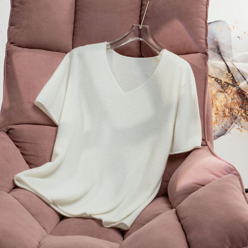 [Hengjia Hj] New Autumn and Winter V Neck Curled Short-Sleeved T-Shirt for Women, Full Wool Layered Slimming Look Loose Woolen Sweater