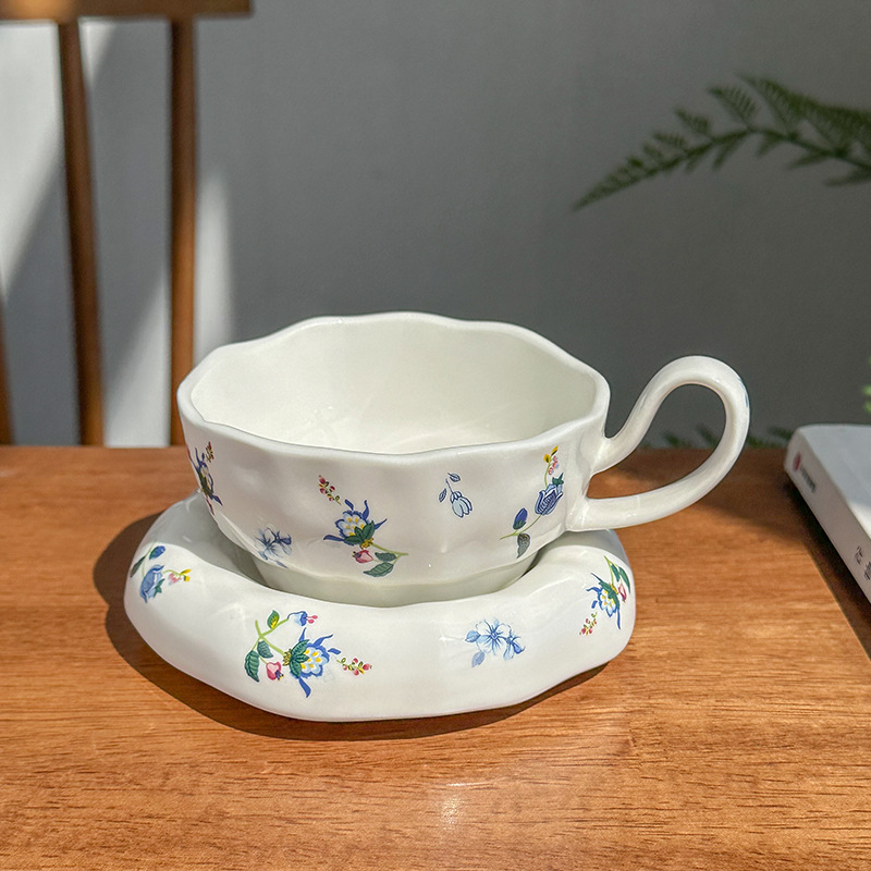 跨境热卖ins风 陶瓷高脚花朵咖啡杯碟小众下午茶碎花拿铁杯高颜值|undefined