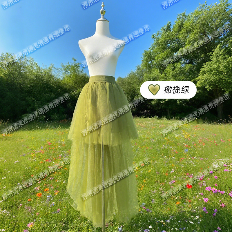 2025春夏新款彩色多层网纱裙子女不规则高腰显瘦前短后长松紧腰裙|undefined