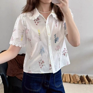 法式碎花短袖衬衣复古刺绣蕾丝花边翻领清新甜美宽松衬衫上衣女士