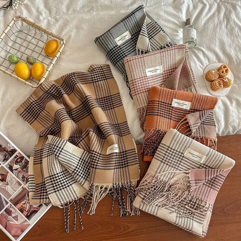 Autumn and Winter Classic I mitation Cashmere Line Grid Double sided Tassel Scarf Versatile Women's Sweet Korean Version_voghion.com