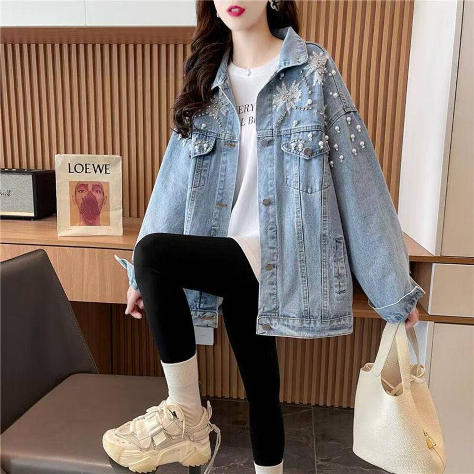 Áo khoác denim nữ dáng rộng đính đá thêu họa tiết, tay dài cổ bẻ — Màu xanh dương chi tiết 1