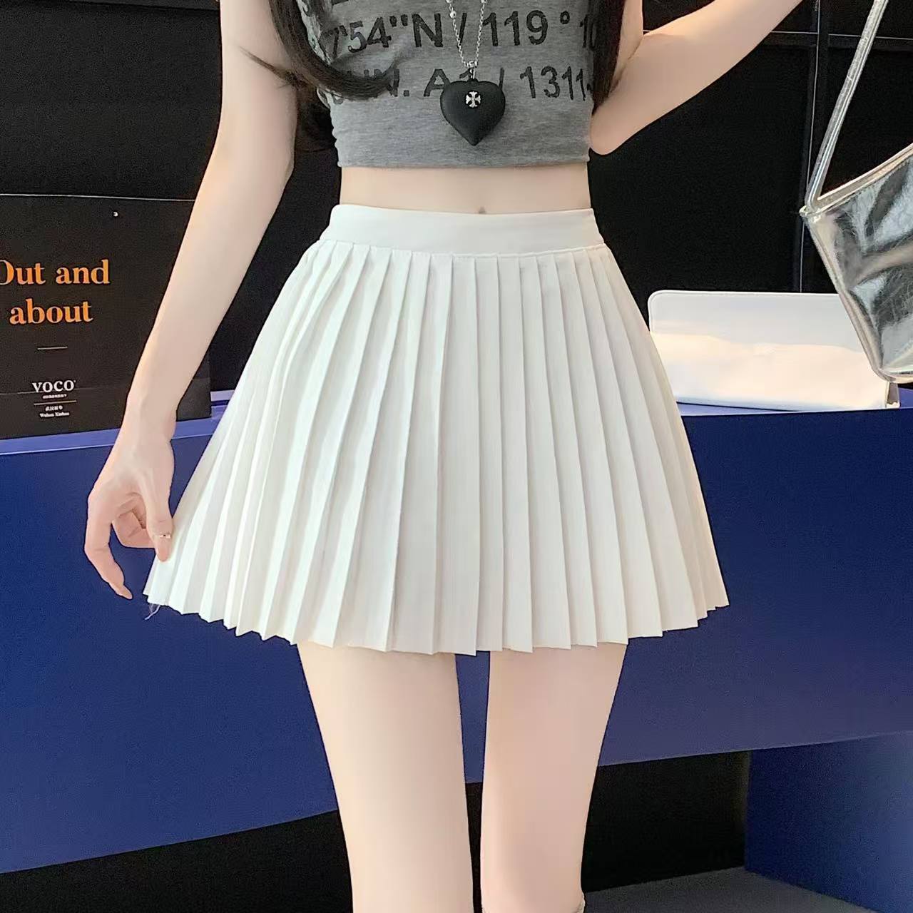 High-Waisted Pleated Mini Skirt with Built-in Safety Shorts, Black A-line Office Style — detail image 1