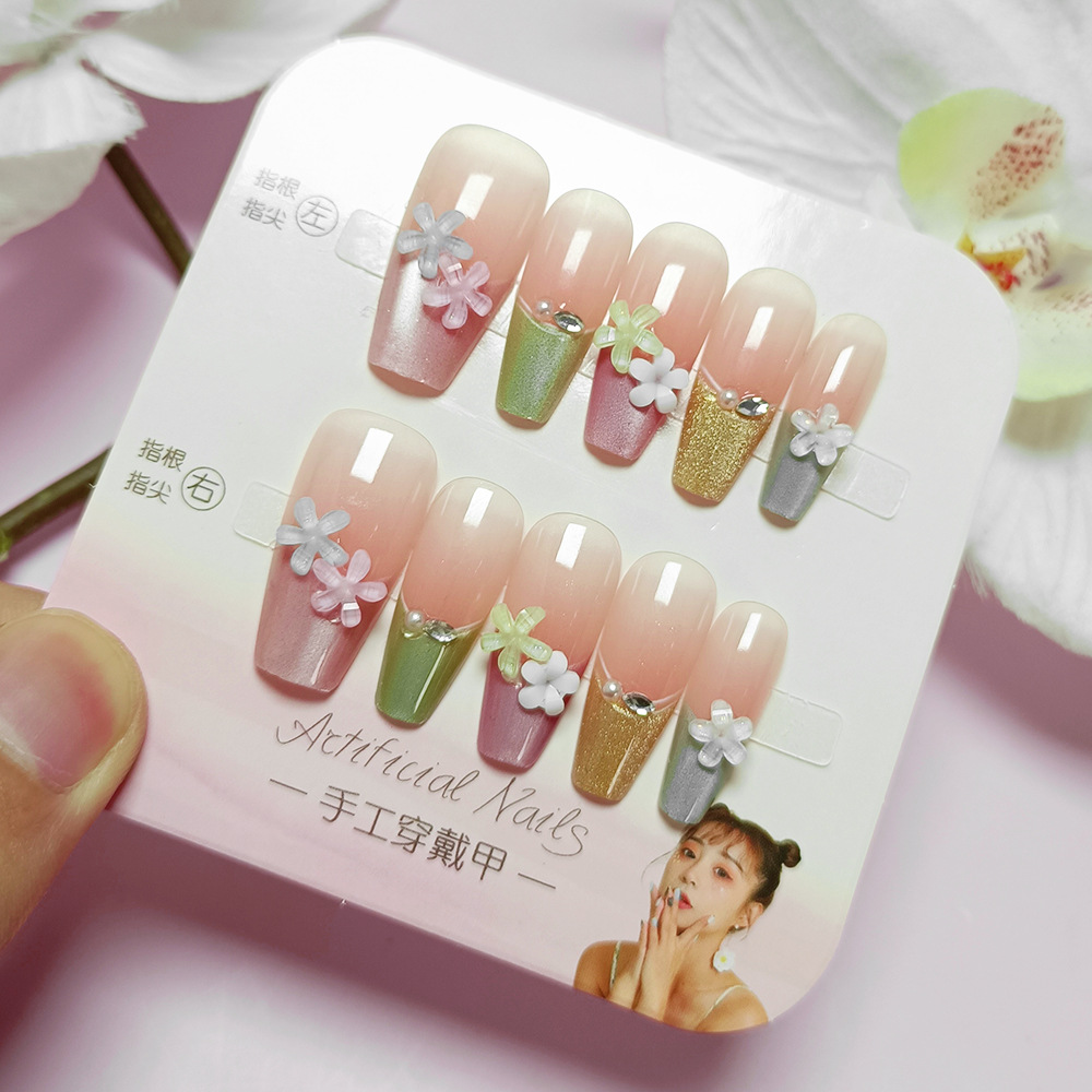 Juego de 10 piezas de decoración floral para uñas, uñas postizas hechas a mano de alta gama, pegatinas de uñas 3D con efecto ojo de gato y diamantes de imitación, tendencia en TikTok.