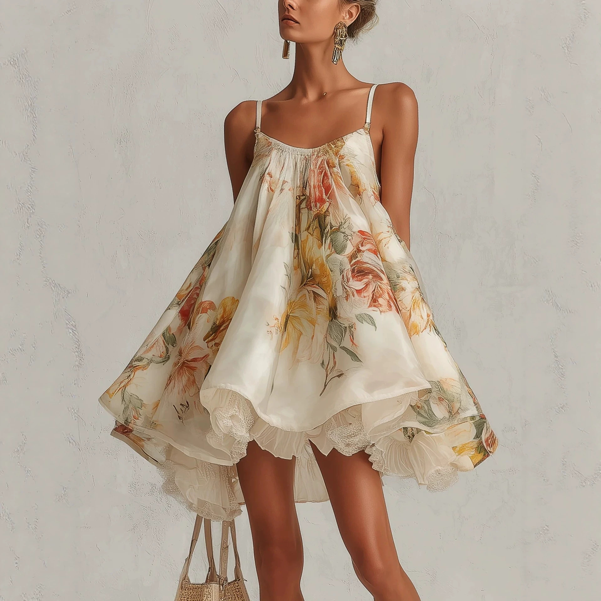 2026 Independent Brand Large Floral Loose Strap Puffy Short Dress Women's French Lace Trim Irregular Vacation Dress