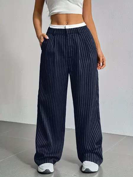 2025 European and American Export New High-Waist Draped Stripesd Suit Pants for Women Work Clothing Versatile Straight Fashion Casual Pants