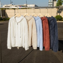 休闲百搭！拉绒加厚元宝针连帽开衫100%纯山羊绒针织拉链帽衫外套