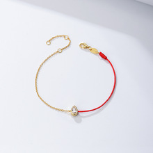 s925純銀水滴型鋯石編織彩色紅繩手繩簡約百搭單鑽幸運手鏈手飾女