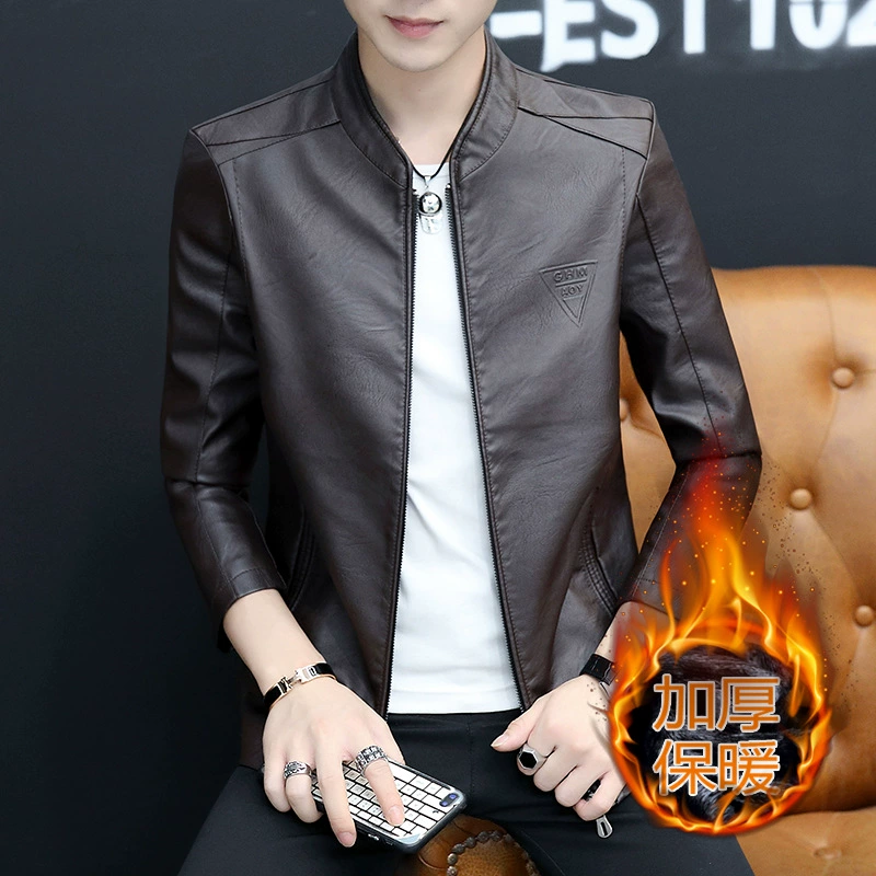 Осень 2023 Новая кожаная мужская куртка Молодежная кожаная куртка с воротником Повседневная утолщенная кожаная куртка на флисовой подкладке из искусственной кожи