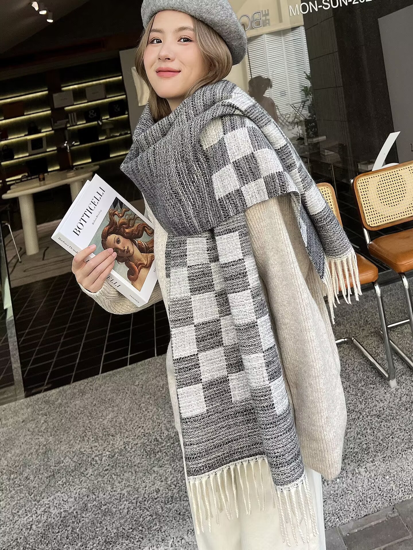Korean Fashion Classic Autumn and Winter Imitation Cashmere Scarf Women's Versatile Double sided Thickened Warm Mesh Red_voghion.com
