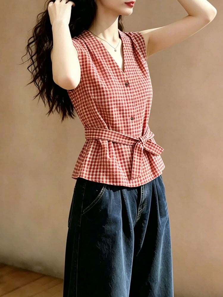 Áo sơ mi nữ không tay cổ V họa tiết kẻ caro đỏ vintage, thắt lưng eo — Lưới đỏ
