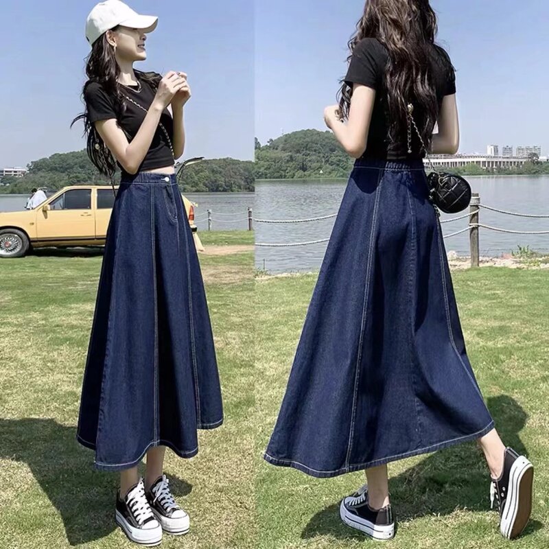 Skirt Women's Long Skirt 2025 New Summer Mid-Length Denim Skirt Pleated High-Waisted Thin Skirt A-Line Umbrella Skirt
