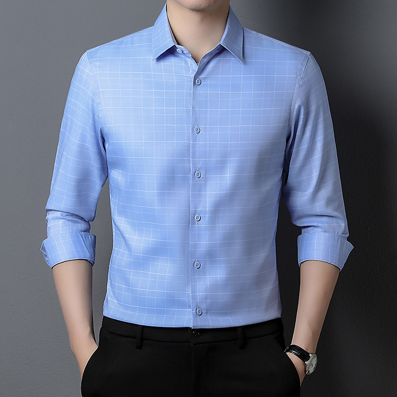 专柜丝光棉男士衬衫长袖2024秋时尚格子青年衬衣休闲宽松男装上衣