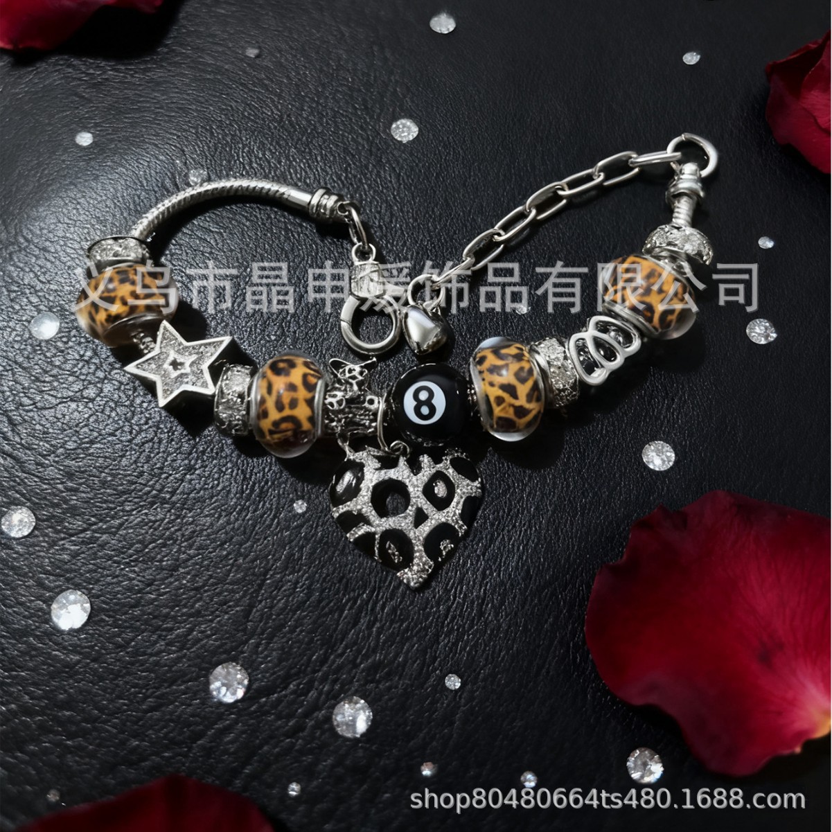 Pan Jia pulsera interfronteriza explosión DIY pulsera de cuentas de bronce estampado colgante de amor negro ocho joyas de moda