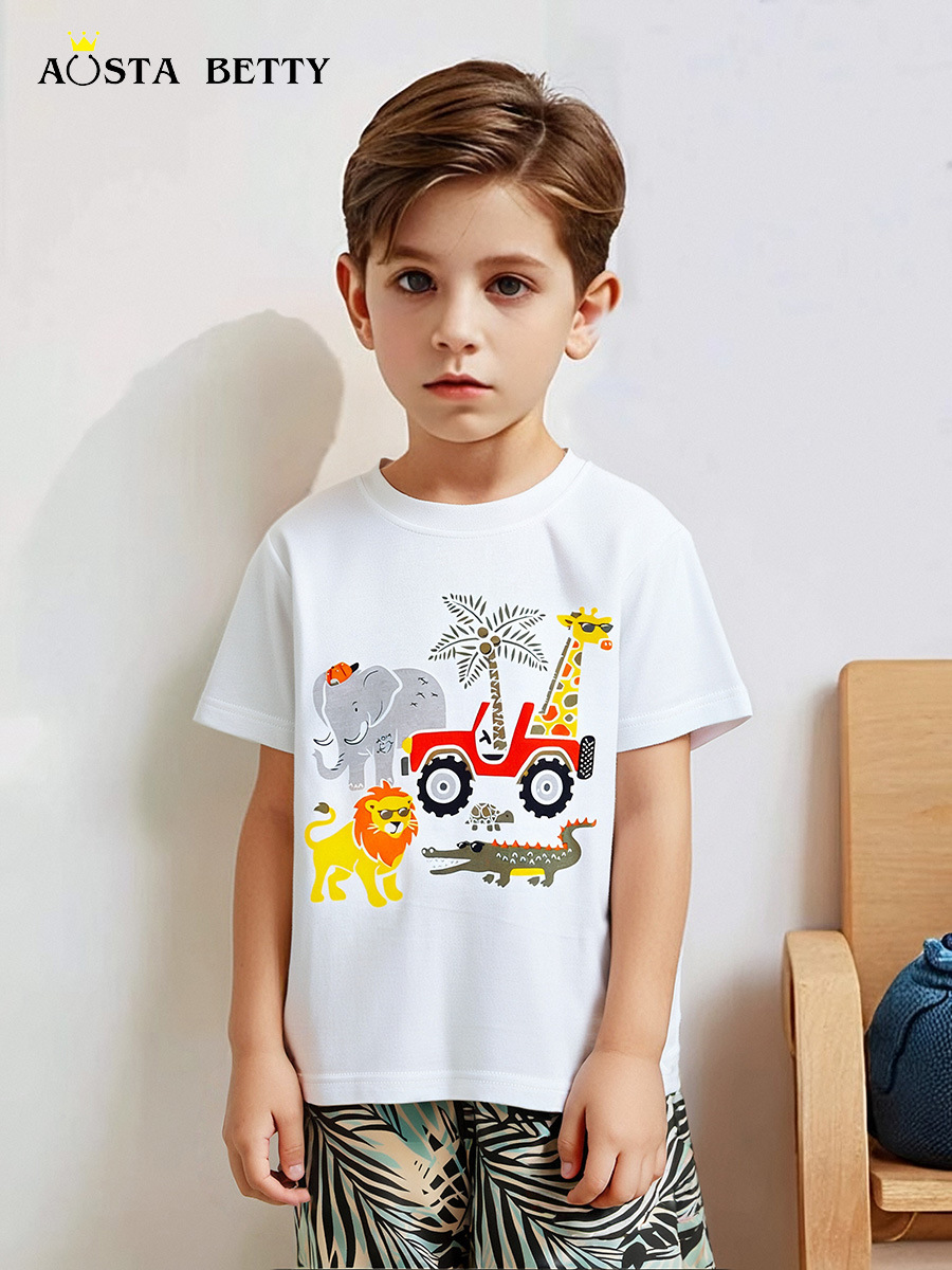 2026 set de niños de verano estilo europeo y americano impresión de mangas cortas para niños dos piezas set de capas de algodón para niños