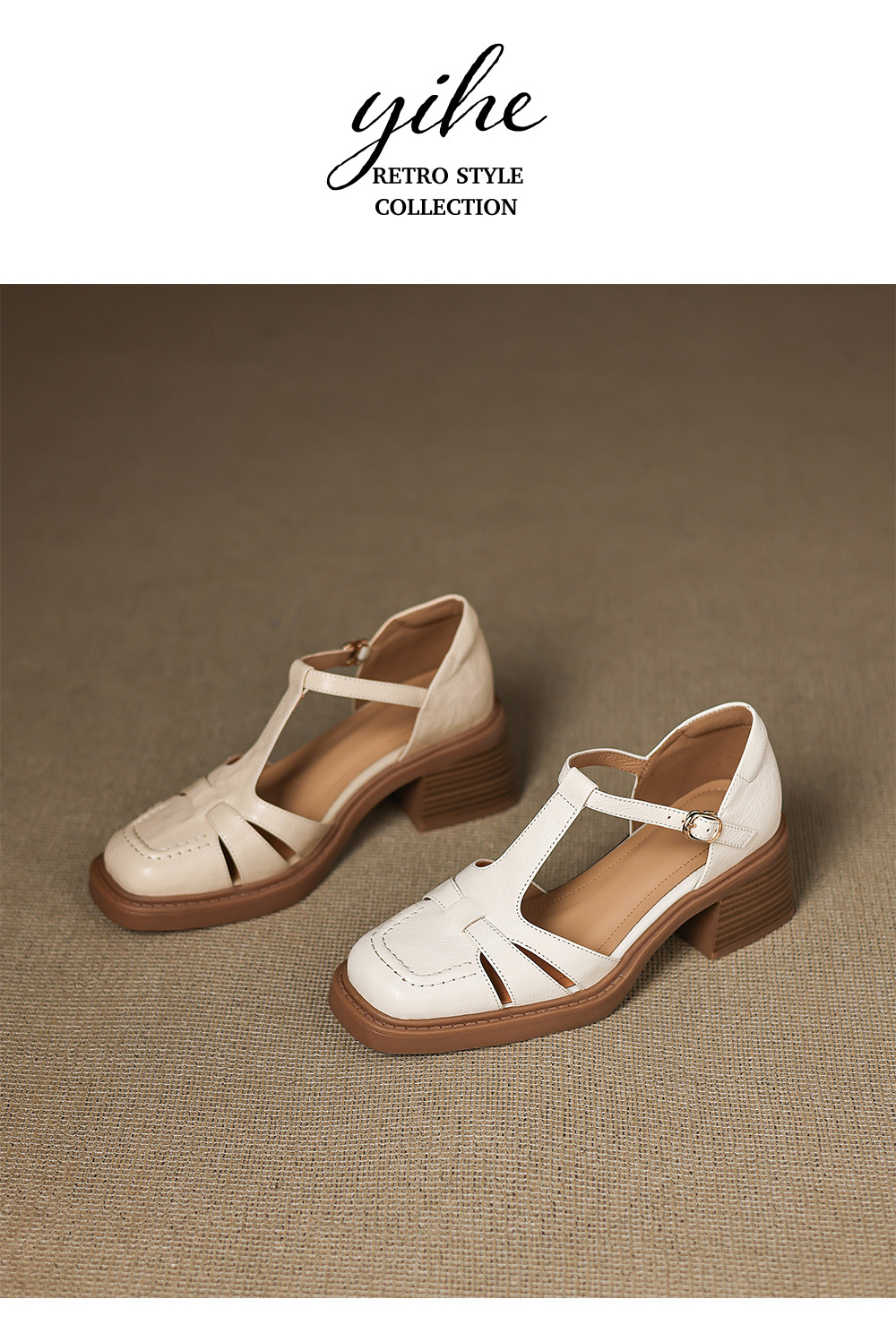 Sandal nữ quai hậu da thật dệt kiểu retro, gót dày, mũi nhọn, đế mềm — Màu trắng nhạt chi tiết 13