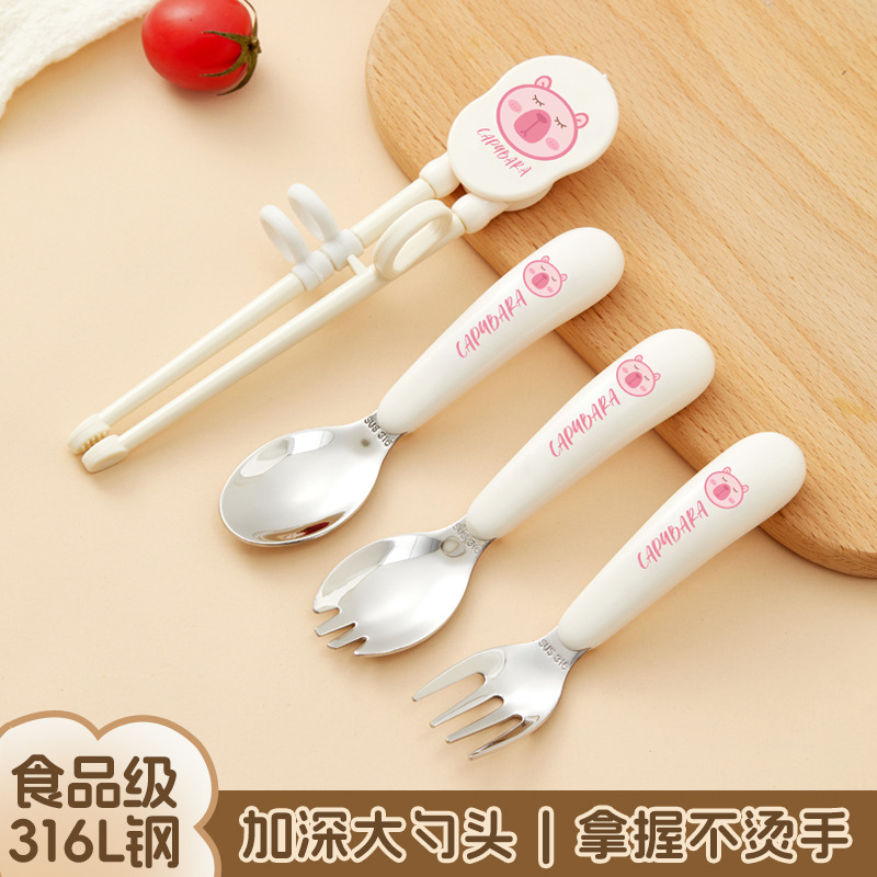 316L 어린이용 주괴 스푼, 가정용 아기 짧은 손잡이 식품 보충 포크 및 스푼, 식사 훈련 식기 세트, 엄마와 아기 용품