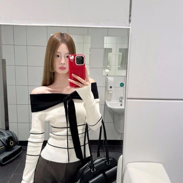 山力达迪气质设计感撞色条纹一字肩毛衣针织衫女秋冬小众修身短款|undefined