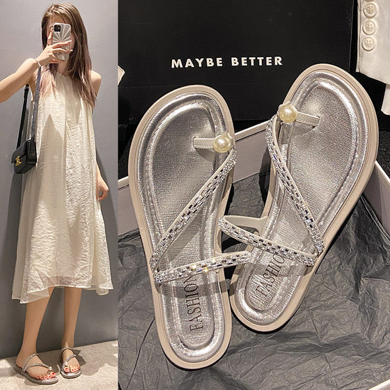 Summer New Style Casual Holiday French Flat Sandals Beautiful Fairy Style Sandals and Slippers Women's Outwear Fashion Rhinestones