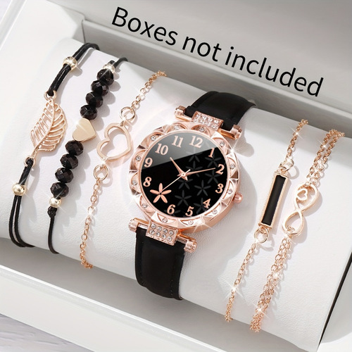New Women's Casual Luxury-Style Diamond-Embedded Star Pattern Dial Quartz Watch with Leather Strap and Beaded Bracelet Set