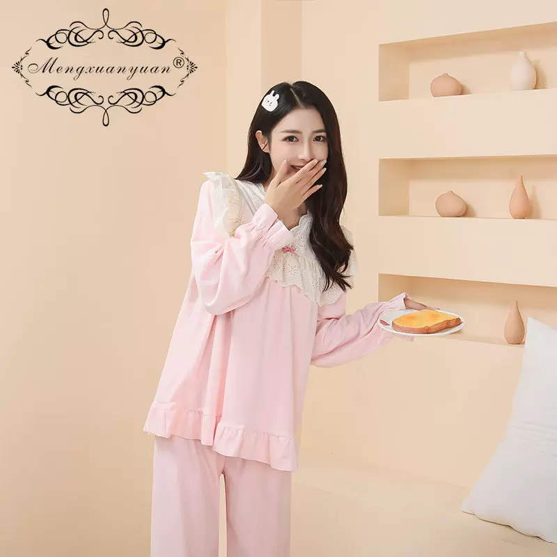 实拍2025秋季新款女甜美海岛绒外穿长袖蕾丝花边家居服睡衣套装女