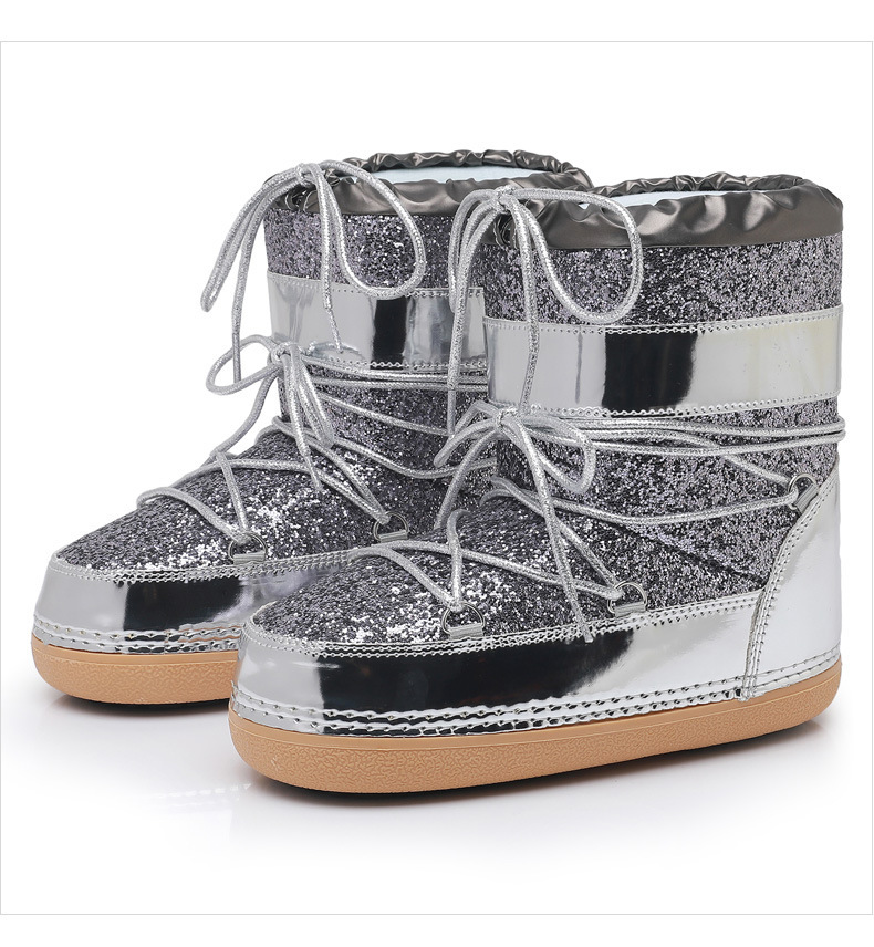 NOKOMETA European And American Winter Space Boots Platform Sequined Bread Short Boots Snow Boots Women's Tide Ski Shoes Straps 2025_voghion.com