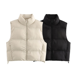 2024 autumn new women's European and American style stand collar sleeveless warm cotton-padded jacket vest vest T2-36541