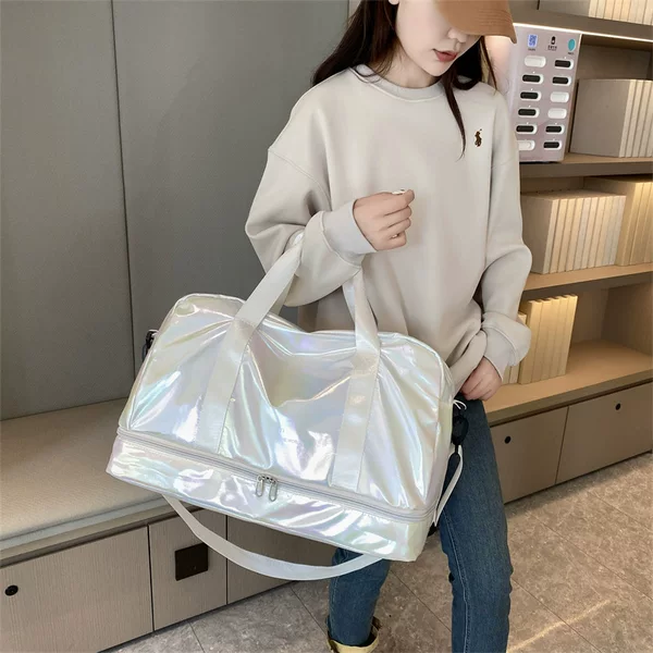 Physical Store Offers Holographic Laser Travel Bags with Independent Shoe Compartment, Suitable for Short Trips, Storage, Gym Luggage, and Durable for Wear and Tear