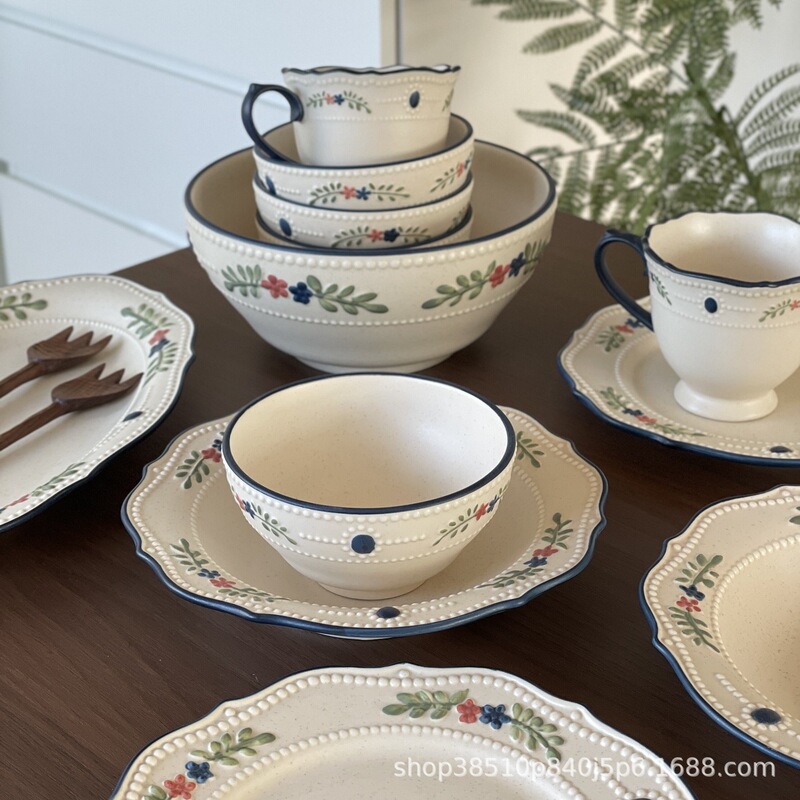 French vintage embossed gemstone blue-edged tableware, bowls, plates, underglaze color pastoral style ceramic dishes, soup bowls, and mugs