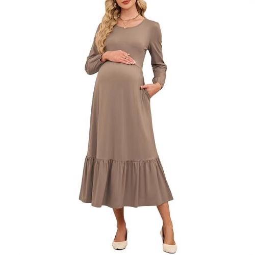 2025 New Autum Long-Sleeved Pure Color Dress for Pregnant Women, Casual Dress, Round Neck, Elegant Mid-Length Dress for Pregnant Women