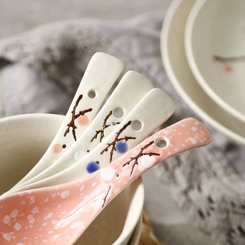 M & Creative Японский стиль бытовой керамической ложки, ложка, перемешивание, маленькая ложка, длинная ручка, каша, ложка, рисовая ложка
