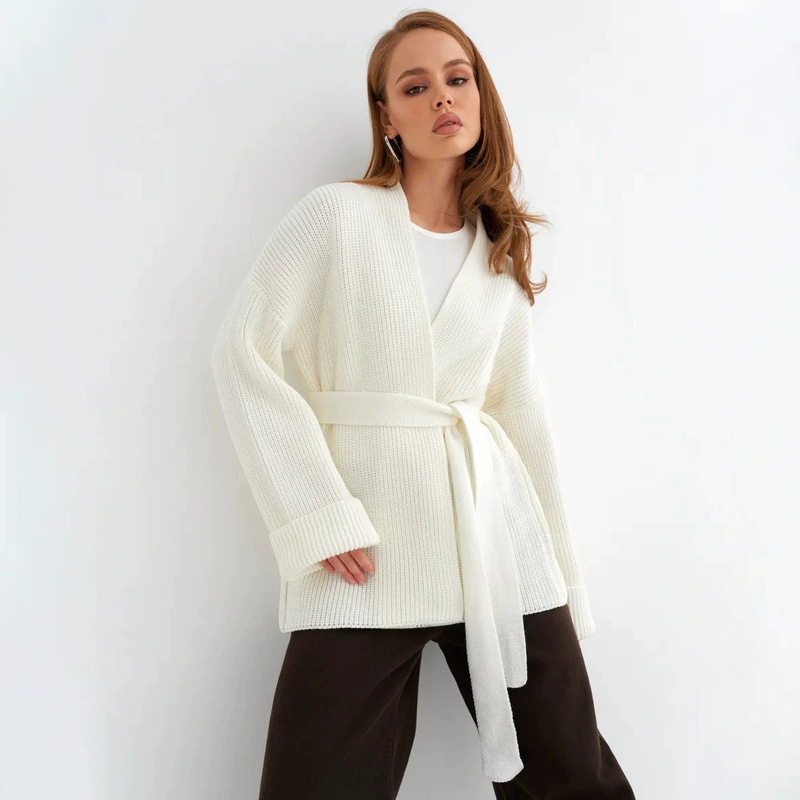 European and American Style Solid Color Mid-Length Knit Sweater for Women, Autumn Belted Knit Cardigan Coat, Russian Cross-Border European and American Style Solid Color Mid-Length Knit Sweater for Women, Autumn Belted Knit Cardigan Coat, Russian Cross-Border