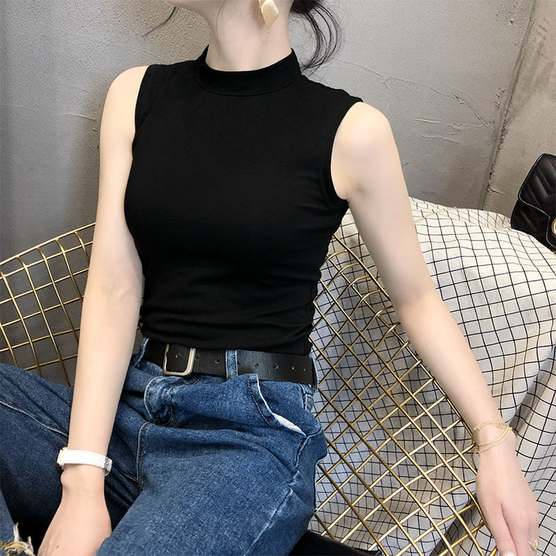 Black bottoming shirt autumn sleeveless small half turtleneck camisole women's Korean style inner wear outer wear all-matching top women's fashion Black bottoming shirt autumn sleeveless small half turtleneck camisole women's Korean style inner wear outer wear all-matching top women's fashion