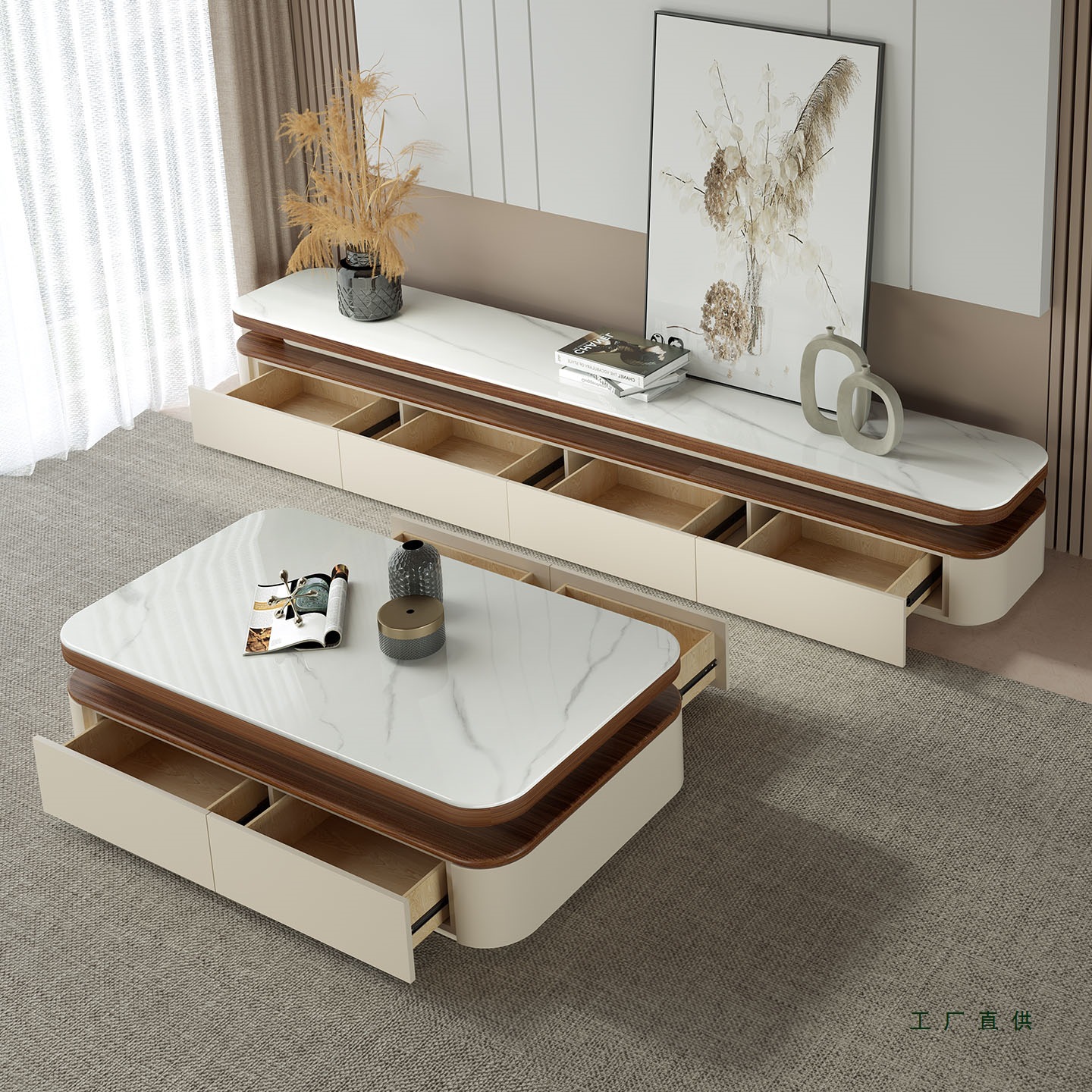 New Mid-Century Style Slate Coffee Table Living Room Home Cream Style Minimalist Floor-Standing Coffee Table Tv Cabinet Combination Microcrystalline Stone