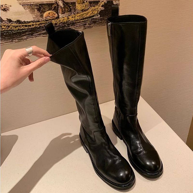 Uva mamá Nuevo estilo lavado caballo cuero grueso talón plataforma botas altas cremallera lateral simple adelgazamiento Knight botas para las mujeres