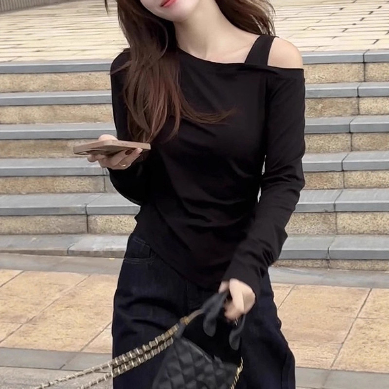 大码条纹斜领露肩长袖T恤女2025秋季新款胖mm修身显瘦不规则上衣|undefined