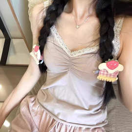 BM风粉色纯欲蕾丝V领褶皱吊带卷边背心女 bm辣妹无袖打底甜辣上衣