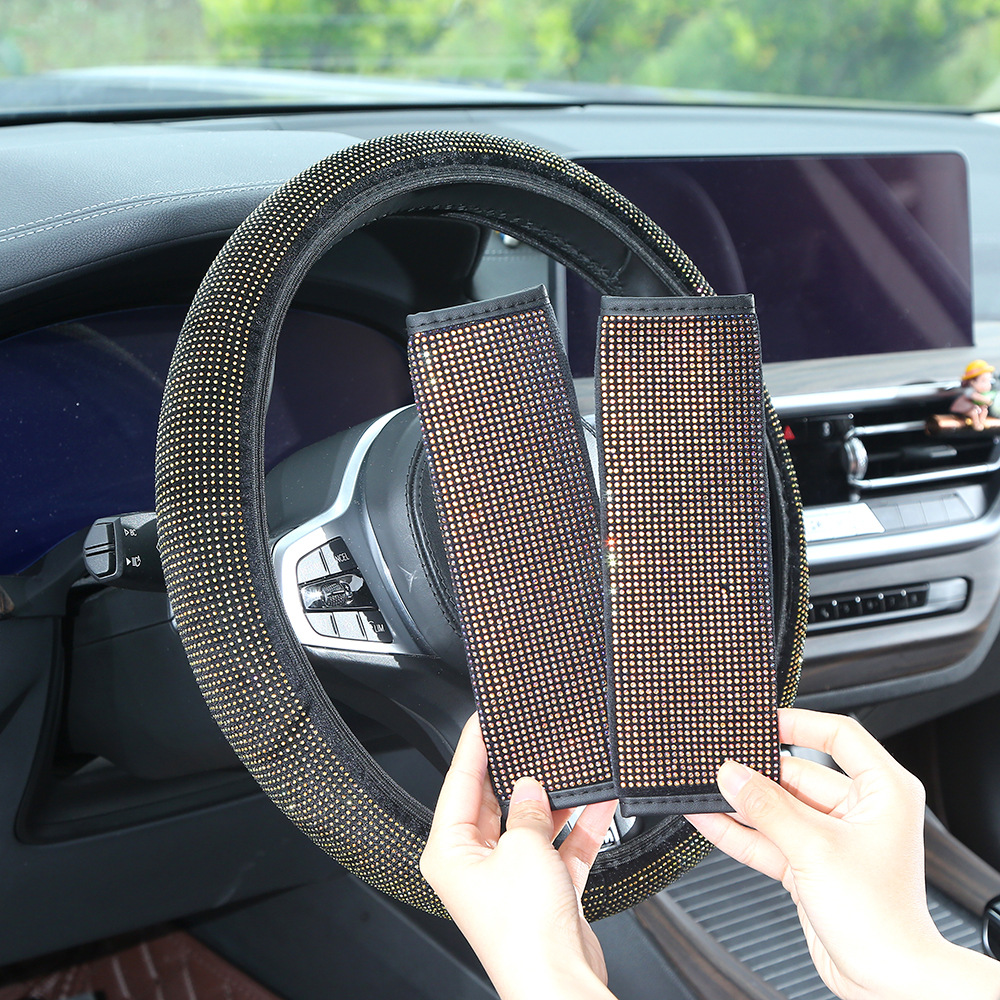 Full-diamond car steering wheel cover, dazzling rhinestone seatbelt shoulder pad, universal for all seasons, rearview mirror protective cover, wholesale