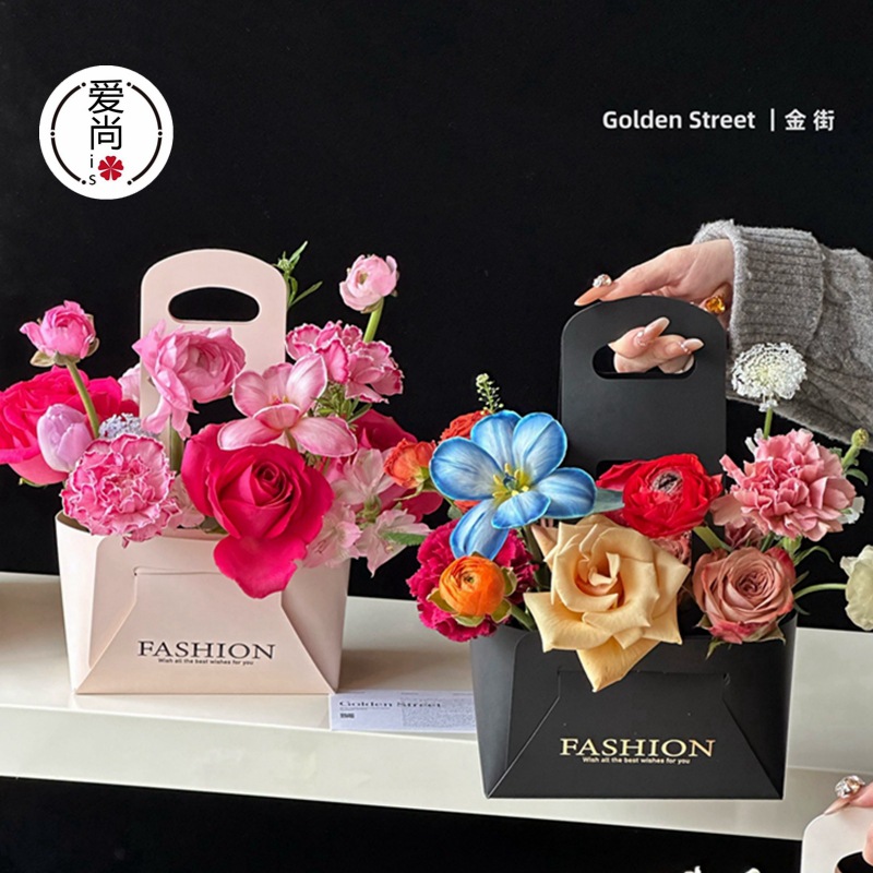 日常款简约繁花折叠盒鲜花花艺课插花盒折叠diy插花手提牛皮纸盒