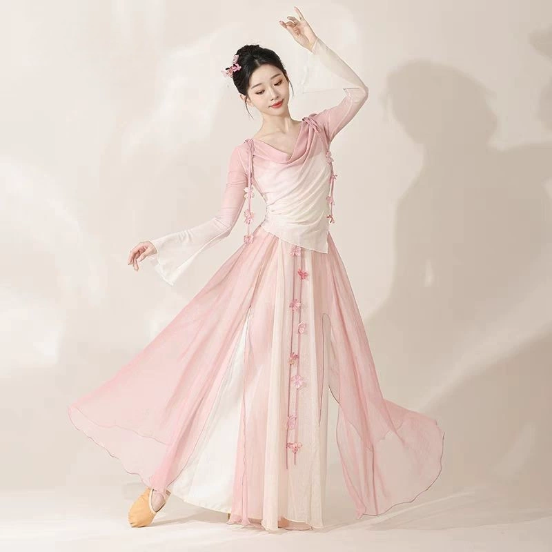 Новое классическое танцевальное платье с градиентным развевающимся воротником в сказочном стиле, художественное испытание, струящееся марлевое платье со струящимися брюками и юбкой, комплект для практики китайского костюма для выступлений.