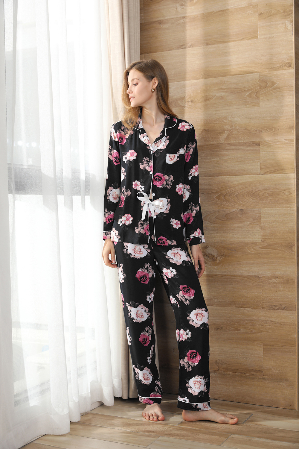 lapel long-sleeved loose floral tops trousers Loungewear-Can be worn outside NSWFC130537