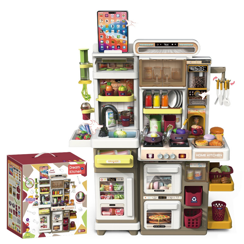 Juguetes de cocina para niños transfronterizos, conjuntos de juguetes de cocina de pulverización de simulación, iluminación doble gabinete, mesa de comedor multifuncional de barro de color