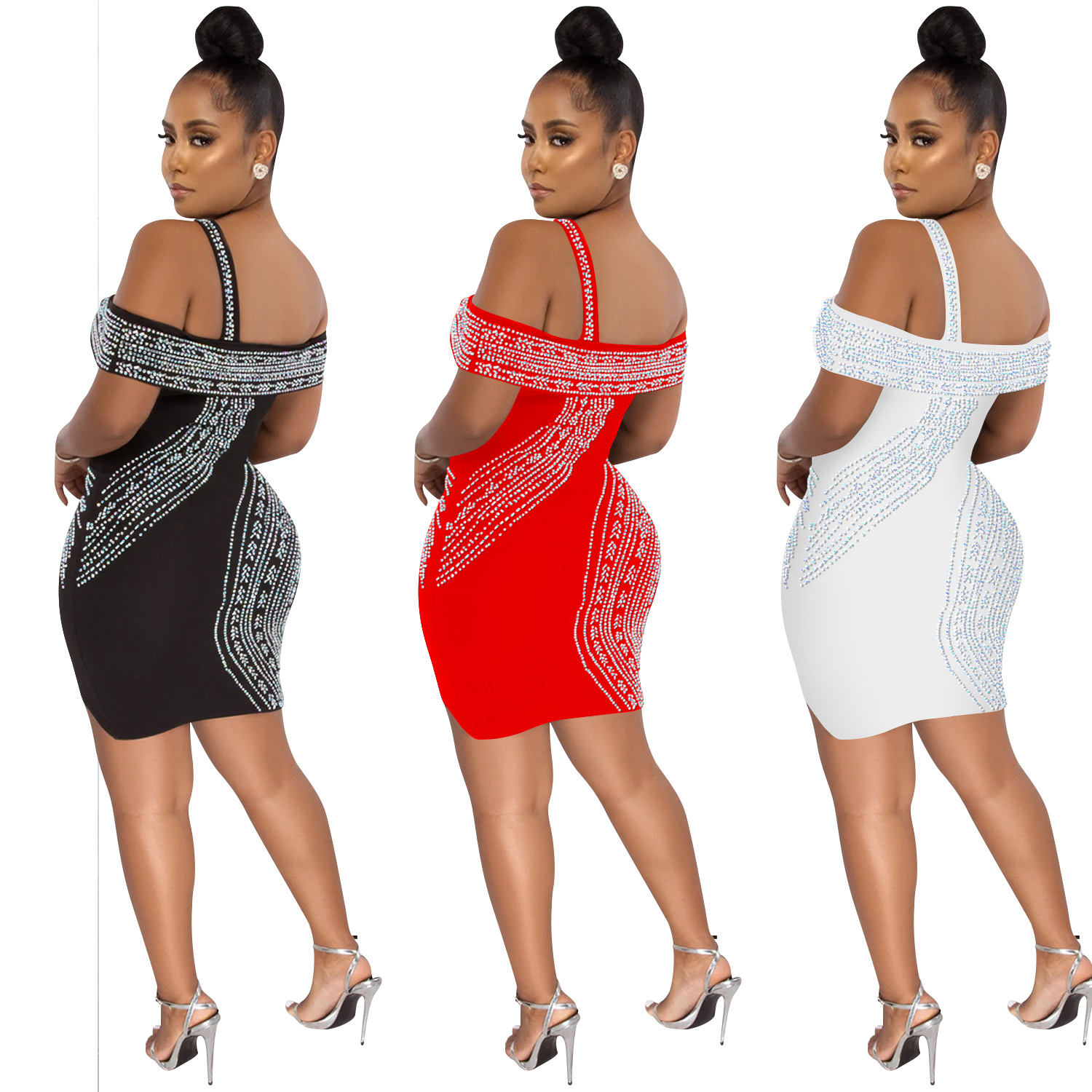 C5921 AliExpress Amazon moda europea y americana sexy discoteca rhinestone caliente hueco vestido midi image 5