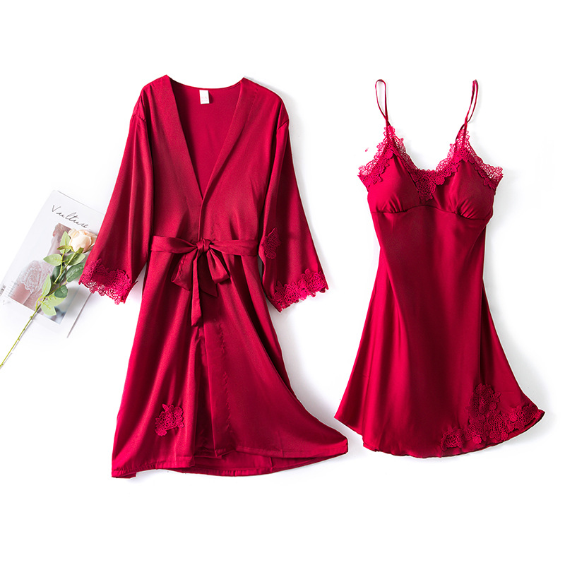 Nightgown for women summer ice silk sexy summer thin temptation spring and autumn can be worn outside suspender skirt nightgown mid-sleeve two-piece suit