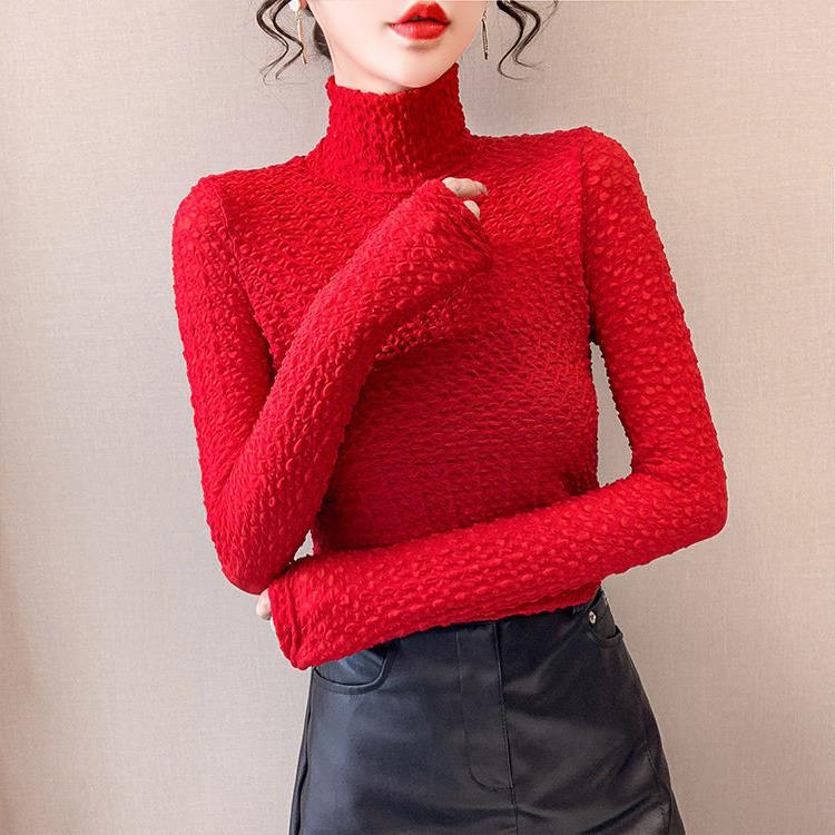 Elastic slim-fit lace bottoming shirt Women's fake collar turtleneck inner western style sexy transparent mesh autumn top T-shirt