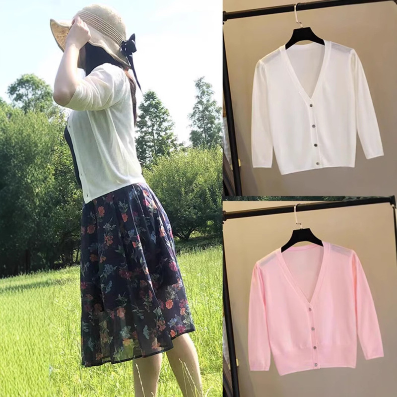 Ice Silk Spring and Summer Thin Outer Skirt Three-Quarter Sleeve Sun Protection Air-Conditioning Shirt Short Knitted Cardigan Women's Jacket Top Ice Silk Spring and Summer Thin Outer Skirt Three-Quarter Sleeve Sun Protection Air-Conditioning Shirt Short Knitted Cardigan Women's Jacket Top