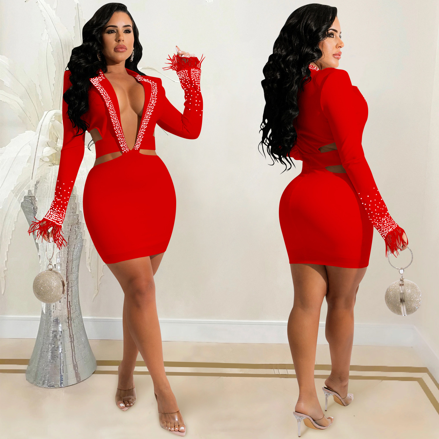 X5510 AliExpress deseo moda europea y americana sexy discoteca caliente diamante solapa hueco manga larga falda vestido image 4